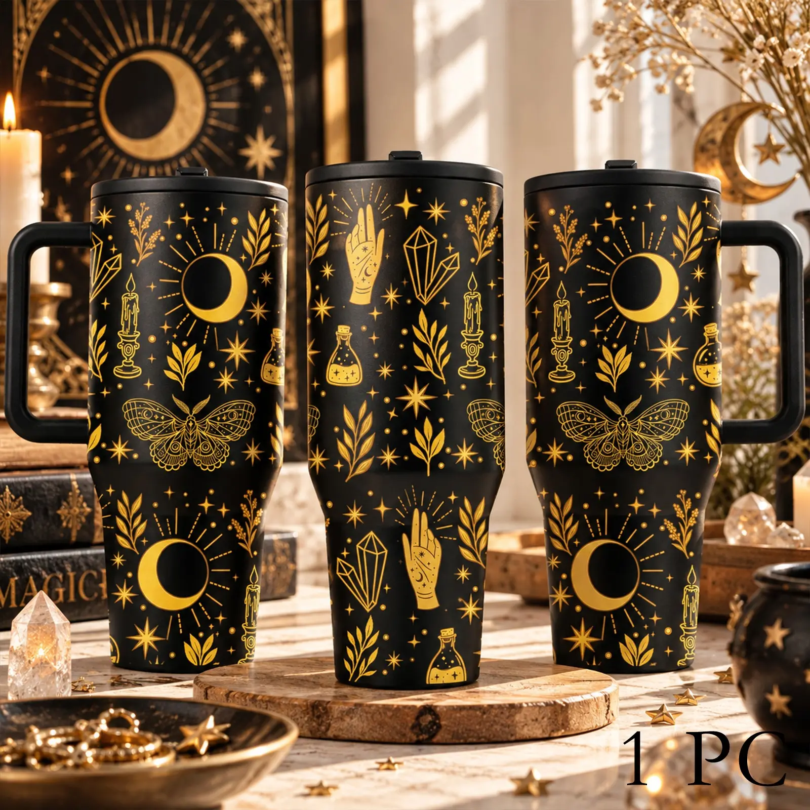 1PC 40oz Celestial Moon Tumbler with Handle, Black Gold Moth Crystal Stars Insulated Stainless Steel Travel Cup, Double Wall Large Capacity Coffee Water Mug, Cup Holder Friendly, Mystical Witchy Astrology Gift, Drinkware