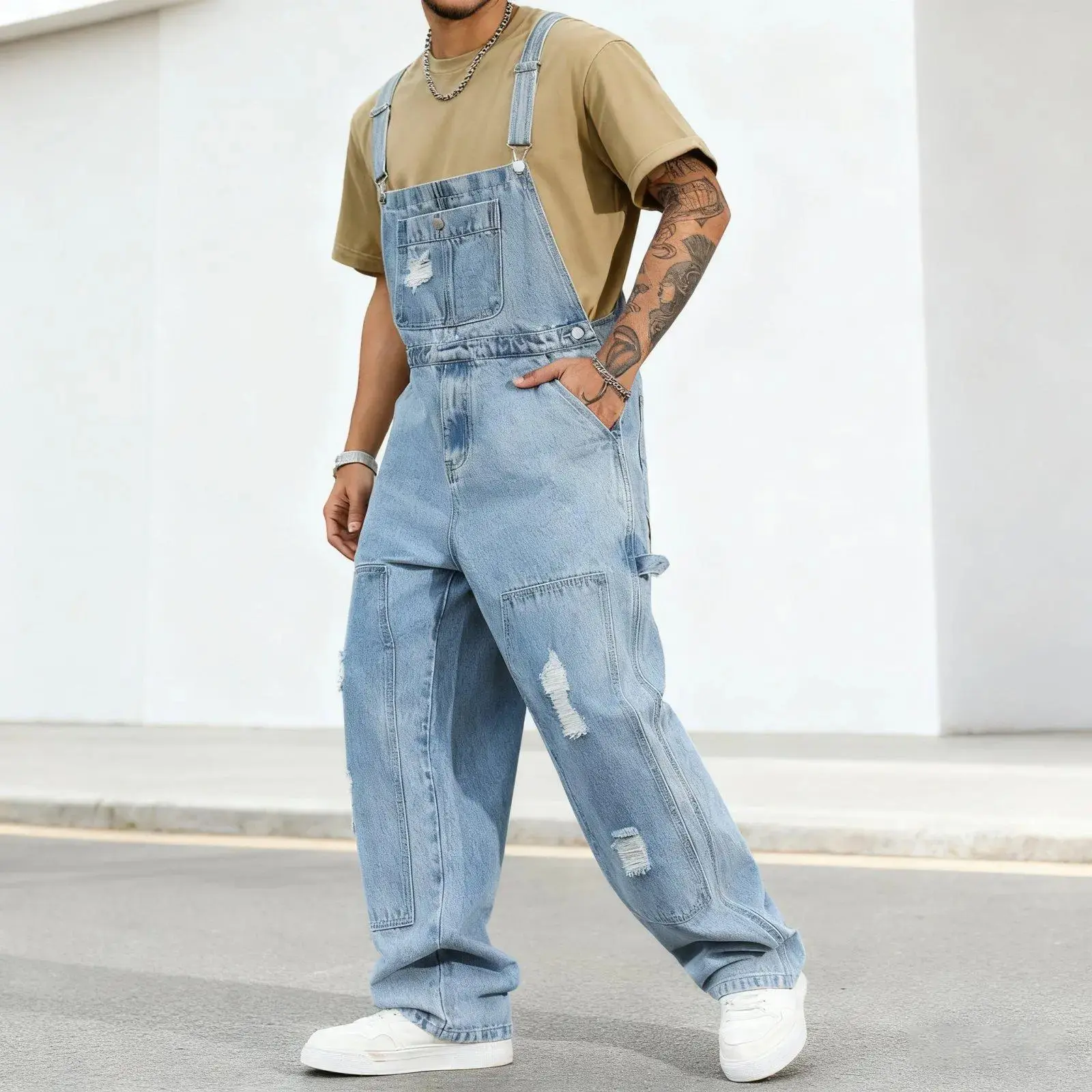 Fall Men's Letter Print Distressed Casual Overalls Versatile Denim Bib Coveralls Hang Out Street Work Menswear Y2K Fashion Outfits Winter Pocket Jumper Cowboy Country Streetwear Guys Love
