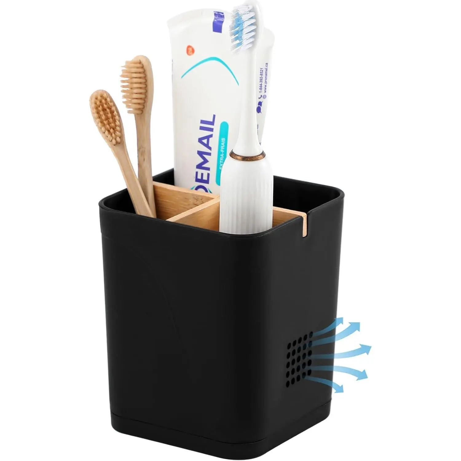 Holder  Brush and  Organizer, Black | 3 Slots, Drainage Holes, Removable  Divider, Ventilation Design, Space-Saving, for Bathroom Countertop, Shower,