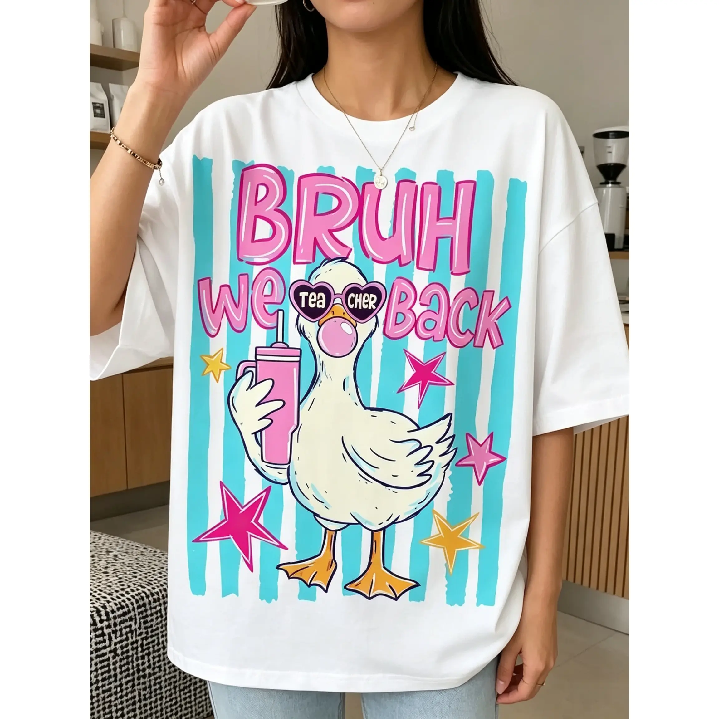 Fitted Soft Fabric Round Neck Teacher Apparel, Funny Goose "Bruh We Back" Back To School Graphic Sports Top