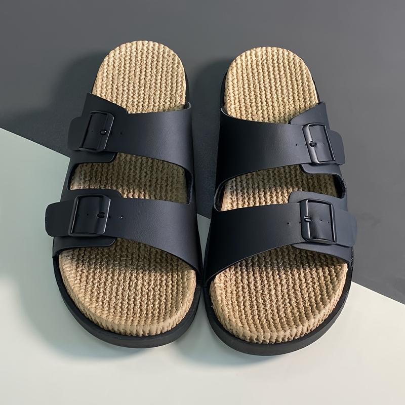 Men's Retro Solid Color Open Toe Breathable Slippers, Comfortable and Non-Slip Durable Double Buckle Strap Sandals, Men's Footwear