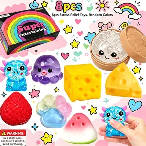 8Pcs Slow Rising Mixed Food Animal Squishy, Multi-Texture Clear Glitter & Solid Stress Relief Set, Random Color Fidget Toy for Kids Adults, Ideal Desktop Decor & Party Gifts