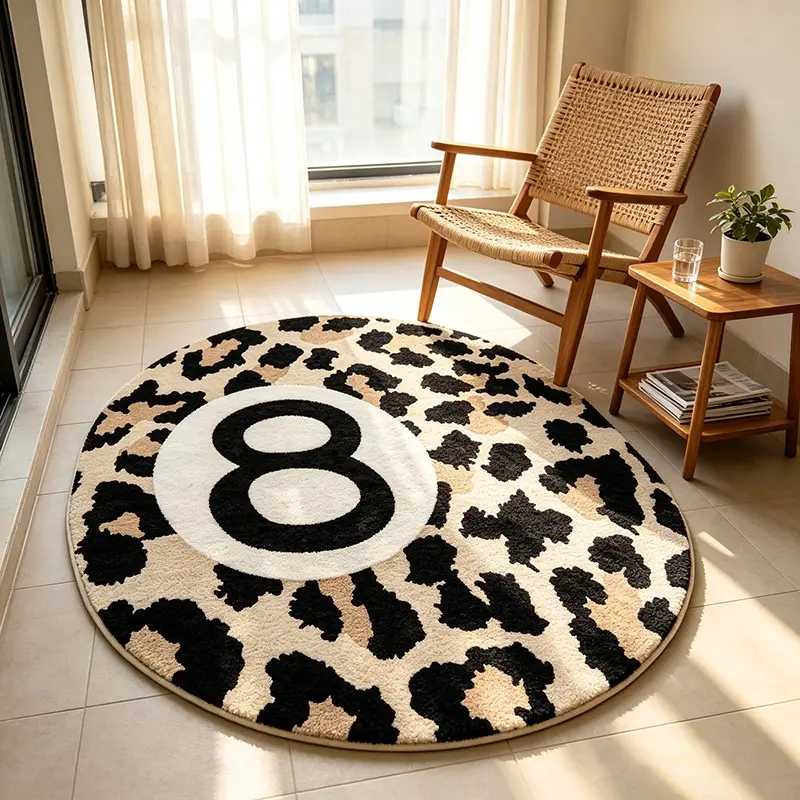 American Retro Leopard Print Round Rug, Creative Boho Home Decor Mat, Soft Non-Slip, for Living Room, Bedroom, Bathroom