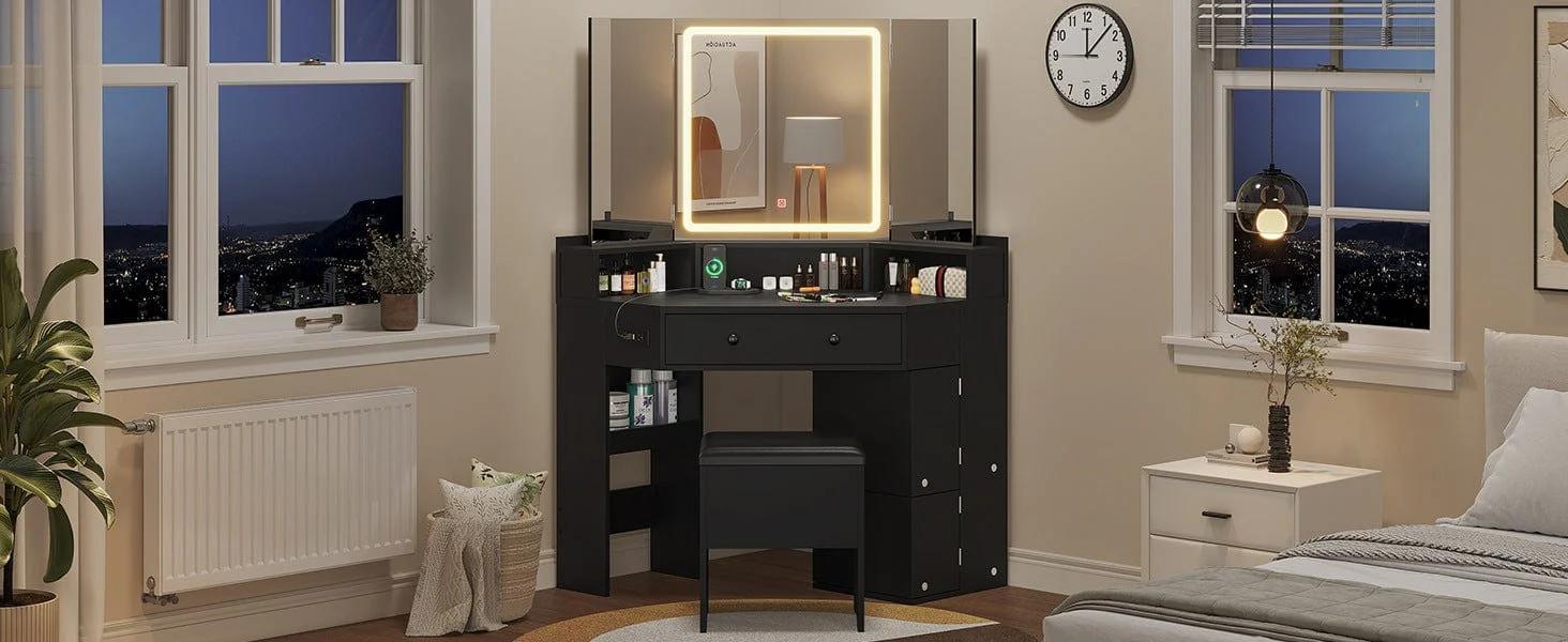 Corner Makeup Vanity with Tri-Fold Mirror and Cushioned Storage Stool Black Corner Makeup Vanity with Tri-Fold Mirror and Cushioned Storage Stool Black