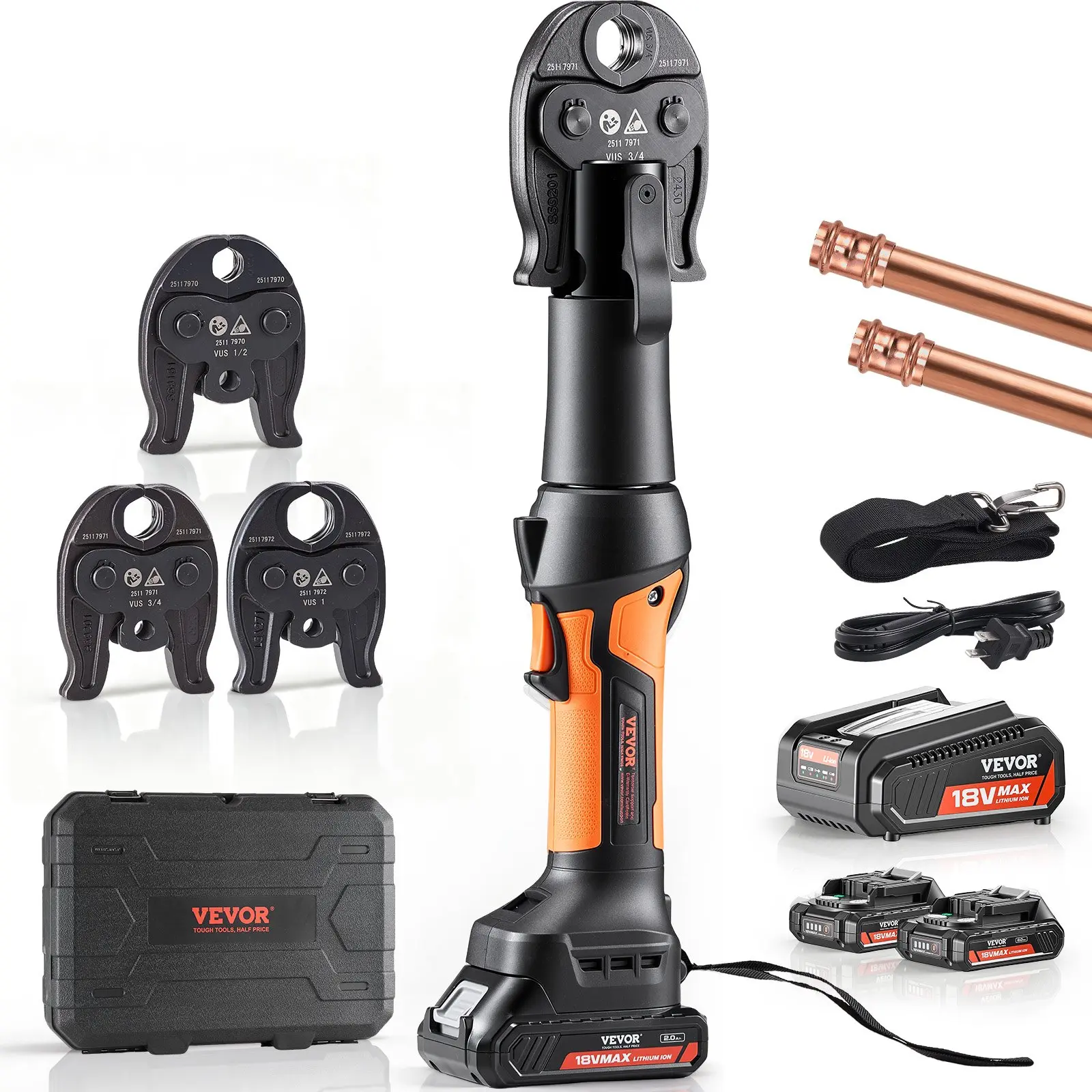【DealsForYouDays】VEVOR Press Tool, 18V Electric Pipe Crimping Tool for 1/2", 3/4", 1" Copper Pipes, 24KN Press Tool Kit Compatible with ProPress - with 3 Press Jaws, 2pcs 18V 2AH Battery, Fast Charger Carrying Case