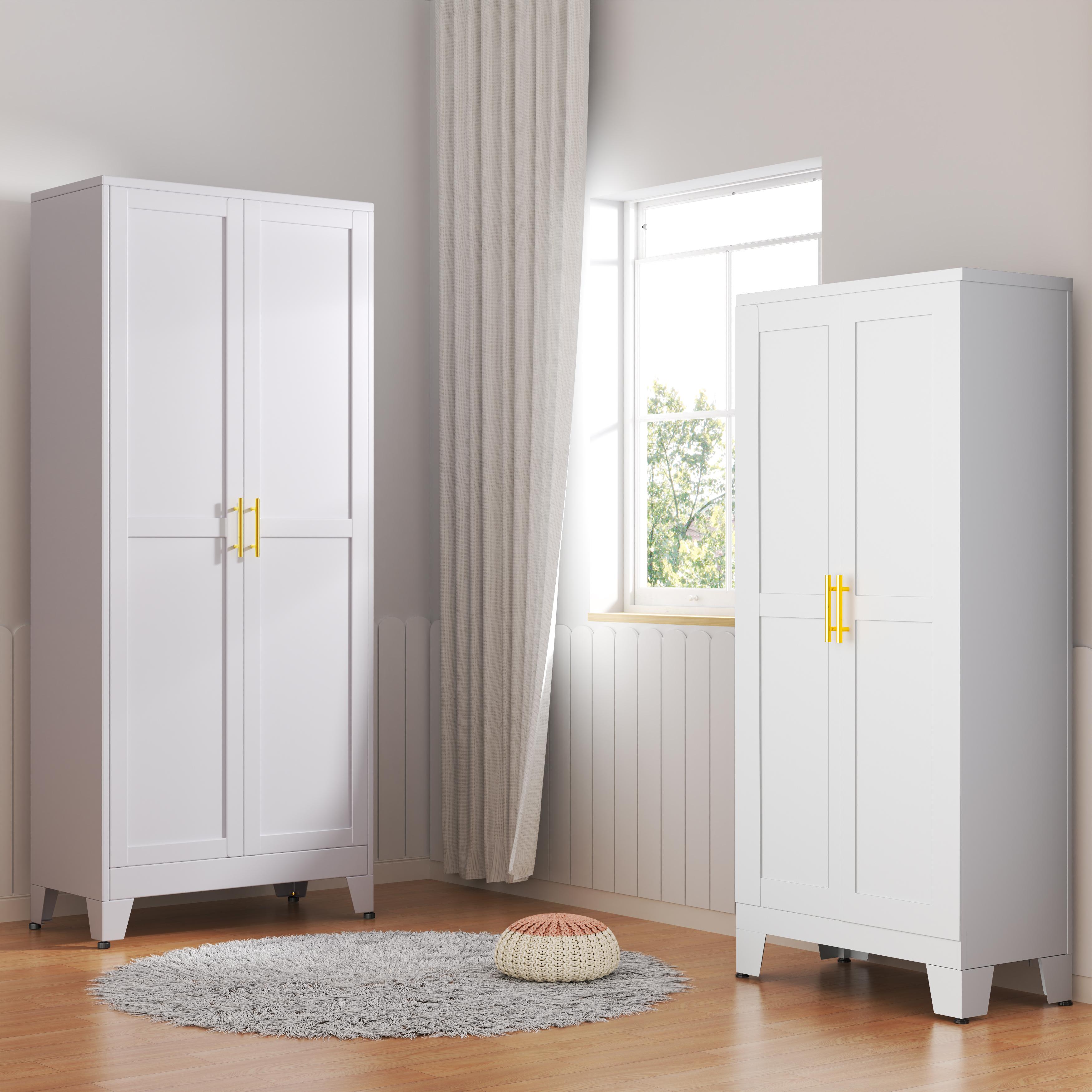 75.2" Tall Pantry Cabinet, Kitchen Pantry Storage Cabinets with 2 Door and 5 Adjustable Shelves, White Metal Pantry Storage Cabinet, Cupboard for Kitchen, Dining Room, Living Room and Bathroom Organizer