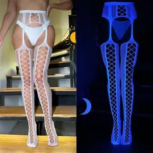 Luminous Lace Anti-Slip Suspender Open Crotch Black Fishnet Stockings
