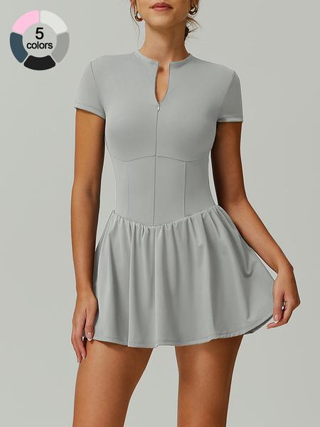 Women's Sporty Zipper Waist Golf Tennis Dress Skirt, Above Knee Tight-Fit Short Sleeve Summer with Storage Pockets Golf Athletic Dress
