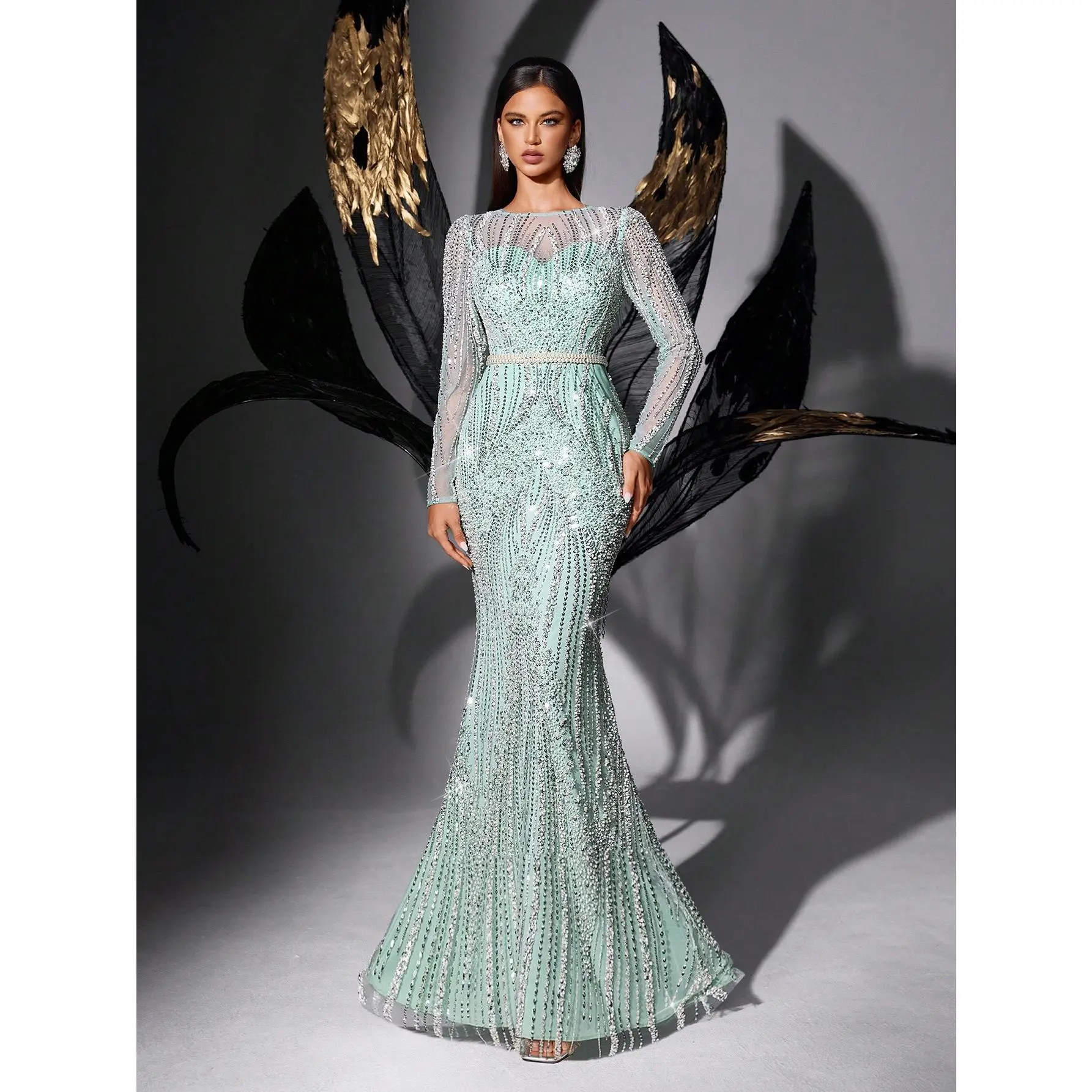 High Round Full Long Sleeve Vertical Dense Rhinestone Mermaid Gown, All Mesh Floor Formal Dress For Indoor Gala & Wedding Guest Outfits