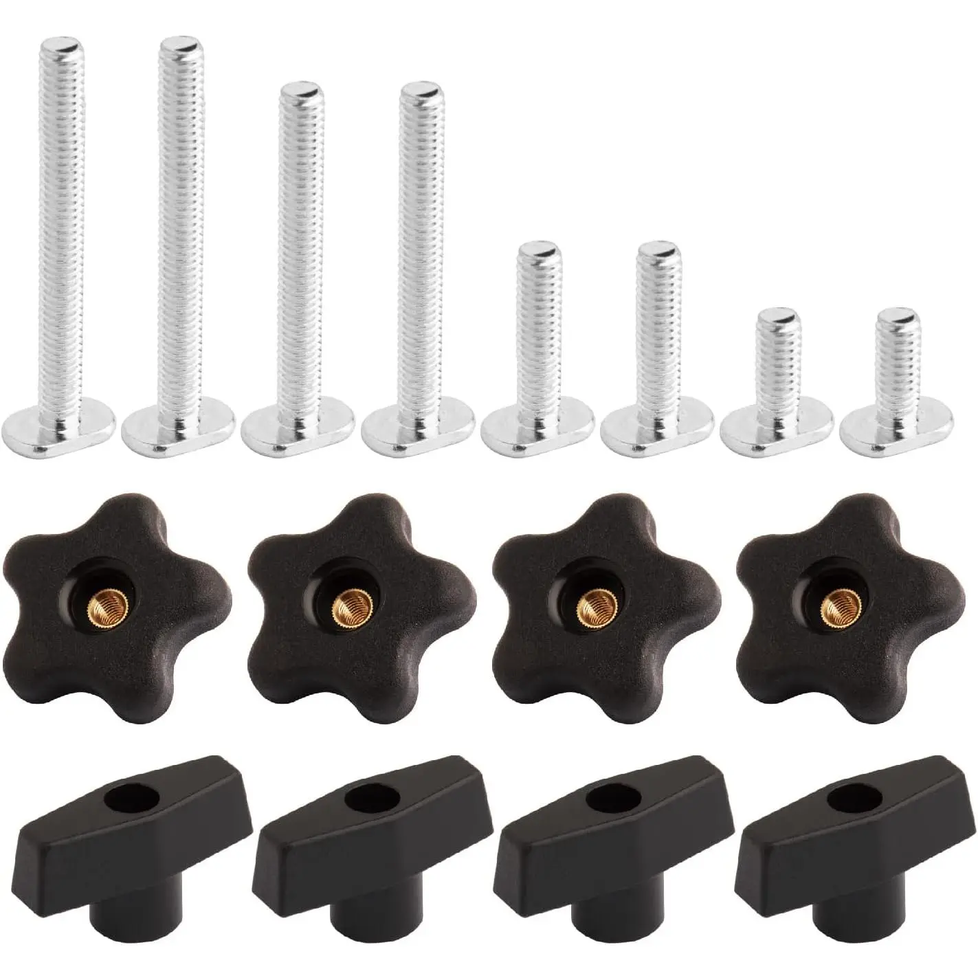 71121V T Track Knob Kit w/Threaded Knobs and 5/16”-18 T Track Bolts, 16 Piece Set, T Track Accessories for Woodworking Jigs and Fixtures