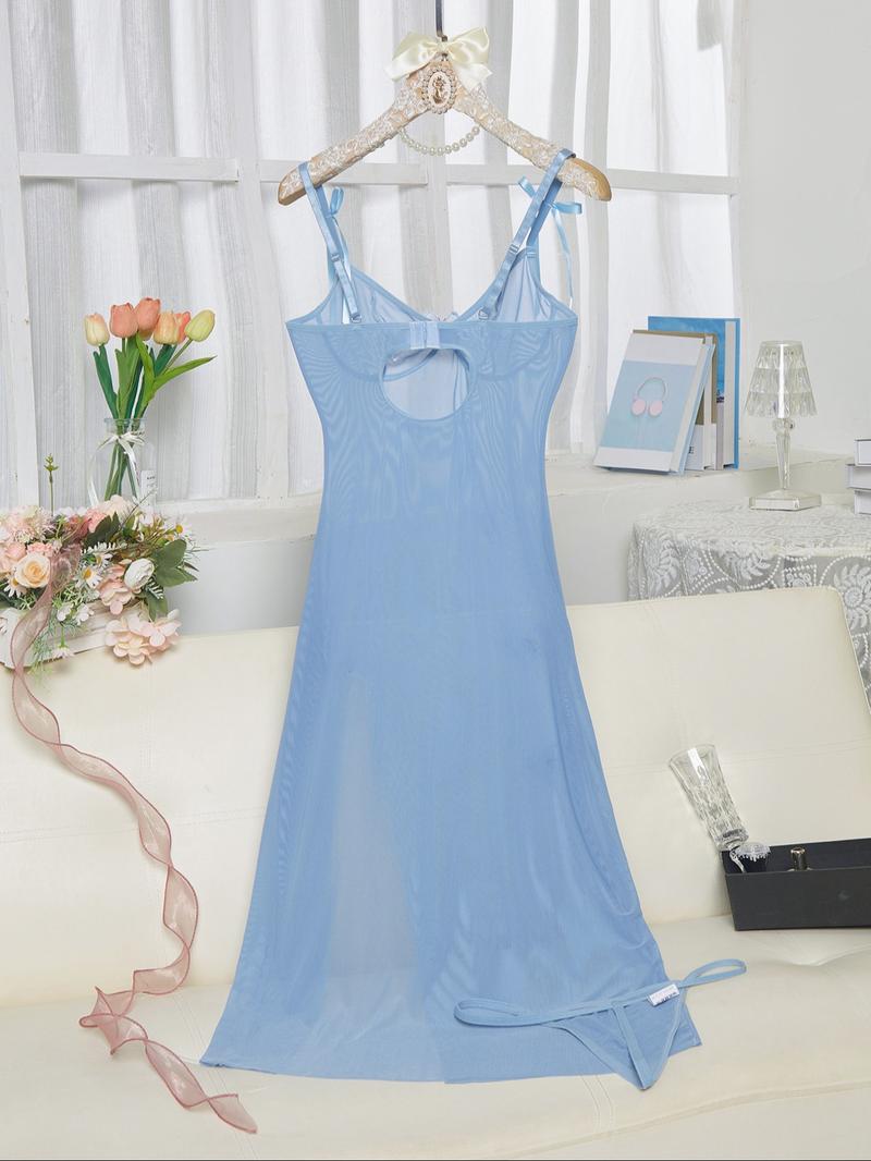 Women's Sexy Butterfly Decor Sheer Mesh Cami Nightdress & Thong Lingerie Set, Sleeveless See Through Bodycon Nightwear with Side Slit, Perfect for Valentine's Day, Date Night & Home Nights, Romantic Lingerie for All Seasons