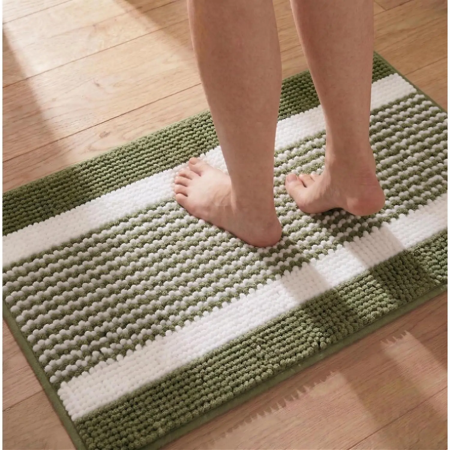 Bath Mats for Bathroom Non Slip Washable, Absorbent Quick Dry Bathroom Mat with Durable Hot Melt Adhesive Backing, Chenille Floor Mat for Tub, Shower, Sink, Small (24" x 16"), Green&White Block Stripe
