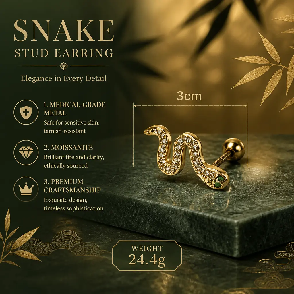 Medical-grade metal zircon snake-shaped stud earrings, understated luxury with a niche, unique design; ideal for everyday wear and streetwear, an excellent choice for birthday and Valentine’s Day gifts.