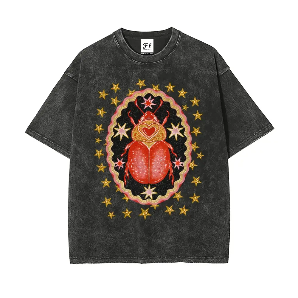 Men's Oversized Short-Sleeve Round Neck Graphic Vintage T-Shirt - Batik Cotton, Stretch, Super Soft, Pre-Shrunk, Star/Heart/Ladybug Prints, Casual Unisex Streetwear Top