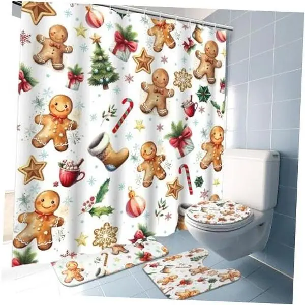 4 Pcs Christmas Shower Curtain Set for Bathroom Farmhouse Gingerbread Man,waterproof shower curtain set featuring a shower curtain, toilet seat cover, bath mat, and U-shaped cover