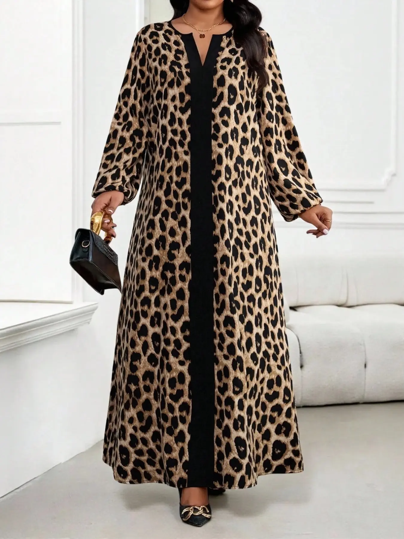 Plus Size Women Leopard Print Loose Fit Abaya Maxi Dress, Round Neck V Notch Lantern Long Sleeve Loose Kaftan, Black Contrast Front Panel Ethnic Modest Vacation Long Dress