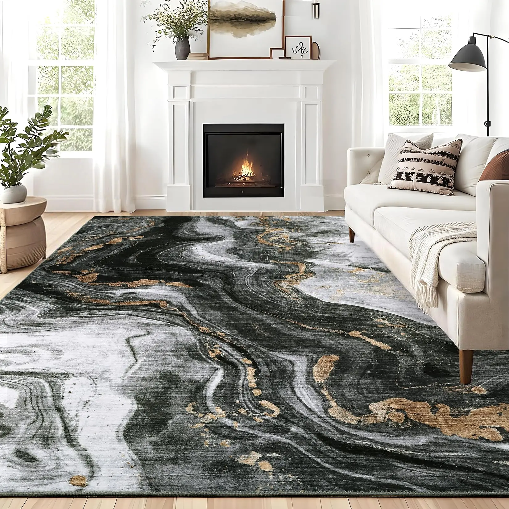 GARVEE Modern Washable Rugs 6x9 Neutral Abstract Throw Rugs, Non-Slip Abstract Accent Carpet with Marble Swirl Pattern, Stain-Resistant Low Pile Indoor Carpet Rug for Living Room, Bedroom, Black