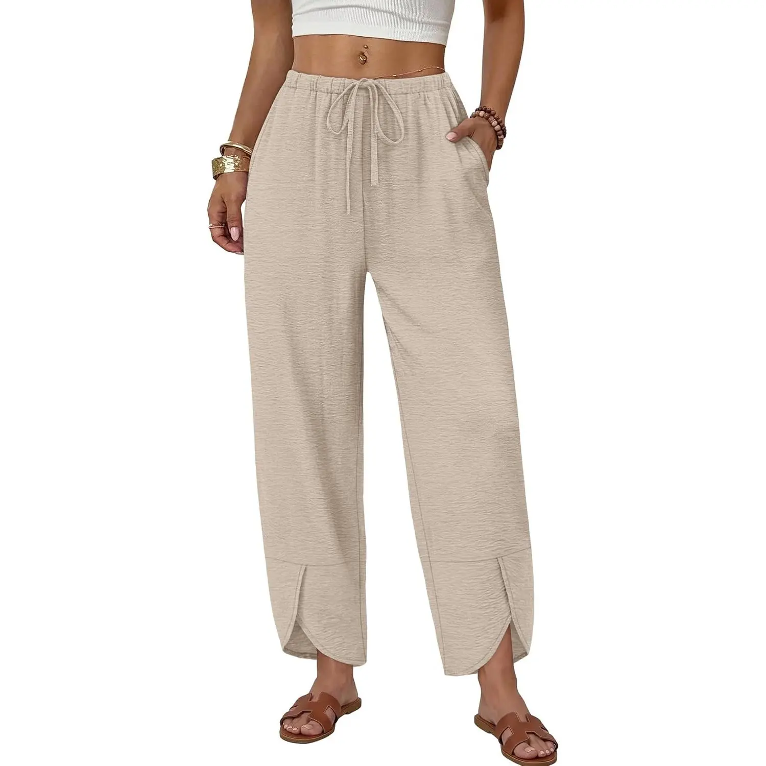 Women's Linen Casual Wide-Leg Bottoms - Baggy Khaki Wrap Cropped Palazzo Capri with Drawstring, 2026 Fashion Clothing for Spring Summer Vacation (Gift)