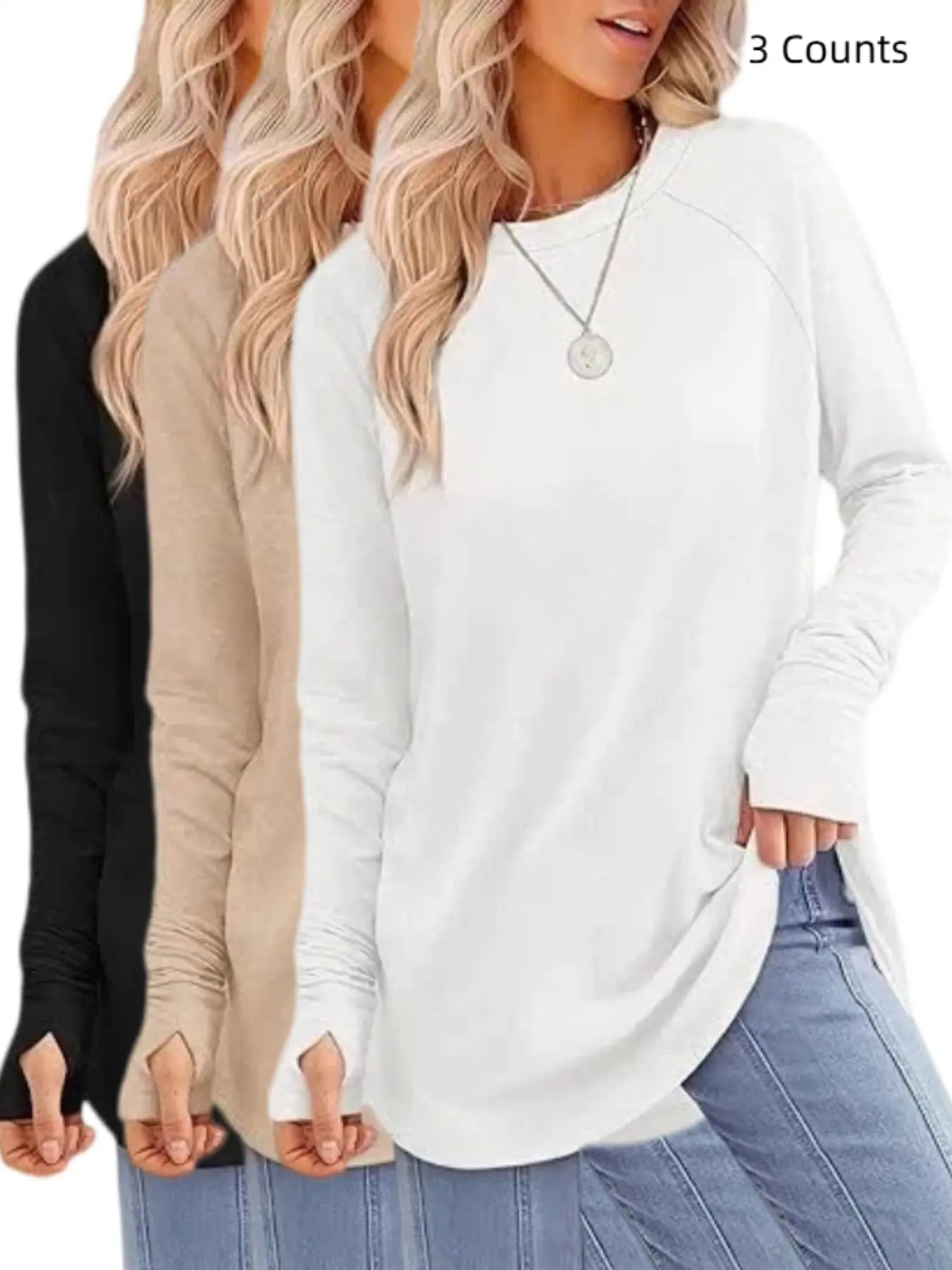 Women's Casual Round Neck Raglan Sleeve Long Tunic Top, Thumb Hole Cuffs, Loose Fit Side Split, Long Sleeve Shirt for Daily Wear