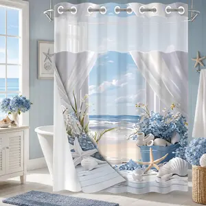 1 Piece No Hook Double Layer Shower Curtain, Coastal Beach View Print Bath Curtain, Waterproof, Mildew Resistant, Durable Fabric, Nautical Home Decor, Removable Liner, Top See-Through Window, Partition Curtain 71"×74"