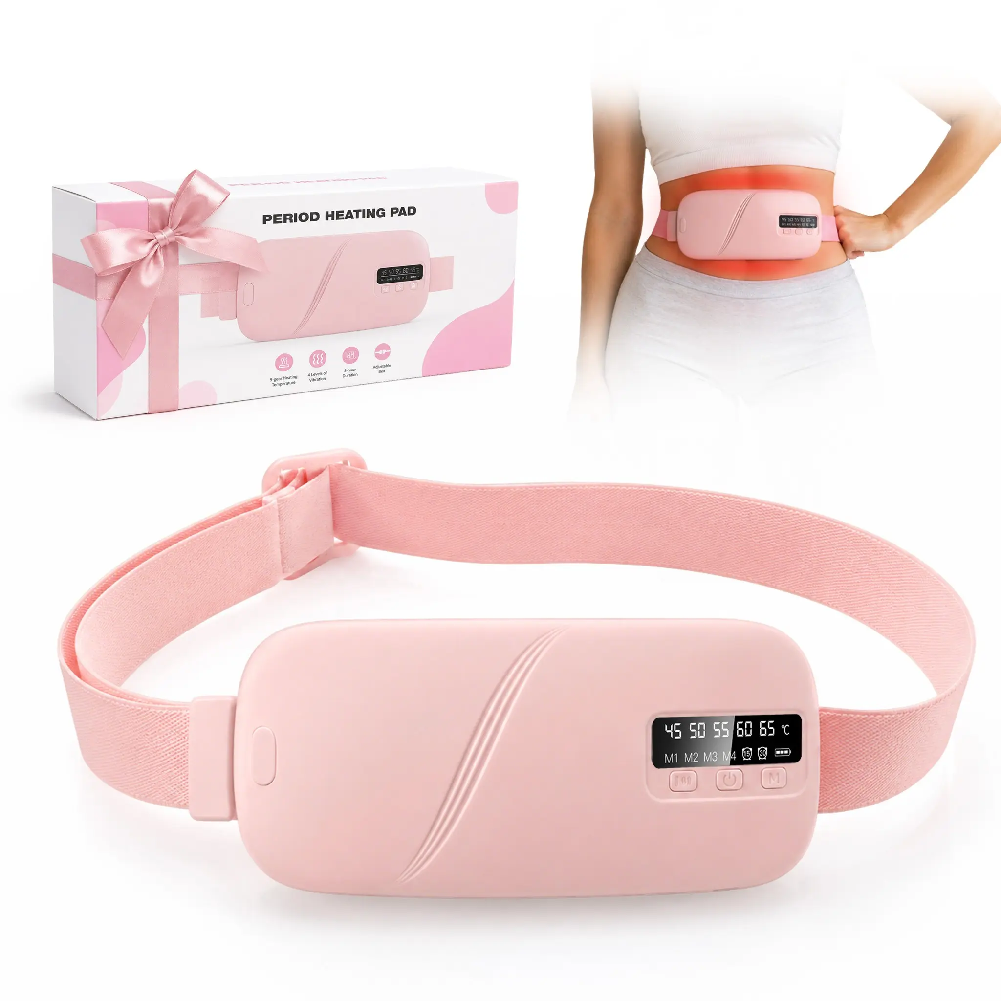 Smart Heating Vibration Waist Belt, Stomach Heating Pad, Multifunctional Heating Pad, Portable Wireless Abdominal Massager, 5 Heat Levels, 3 Vibration Modes, USB-C Charging, Ideal Gift for Women