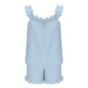 Style Light Blue Pajama Set, Loungewear, Comfortable Two-Piece for Parties, Vacations, Home, Summer Sleeveless Shorts with Ruffles