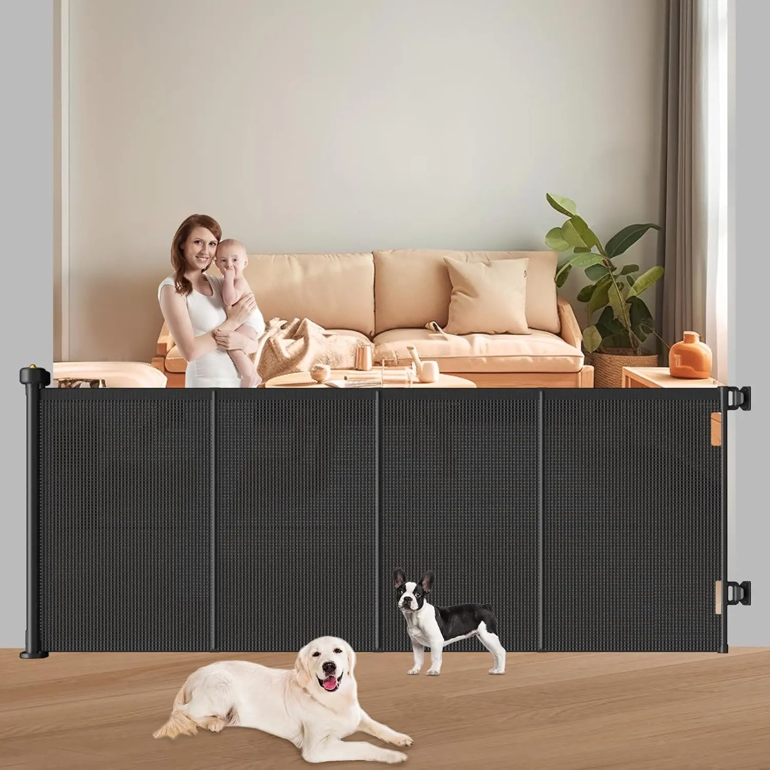 Retractable Pet Safety Barrier with Support Rods - 41" Tall, Extensible Width Up to 71", Extra Wide for Stairs, Doorways, Indoor/Outdoor Pet Use
