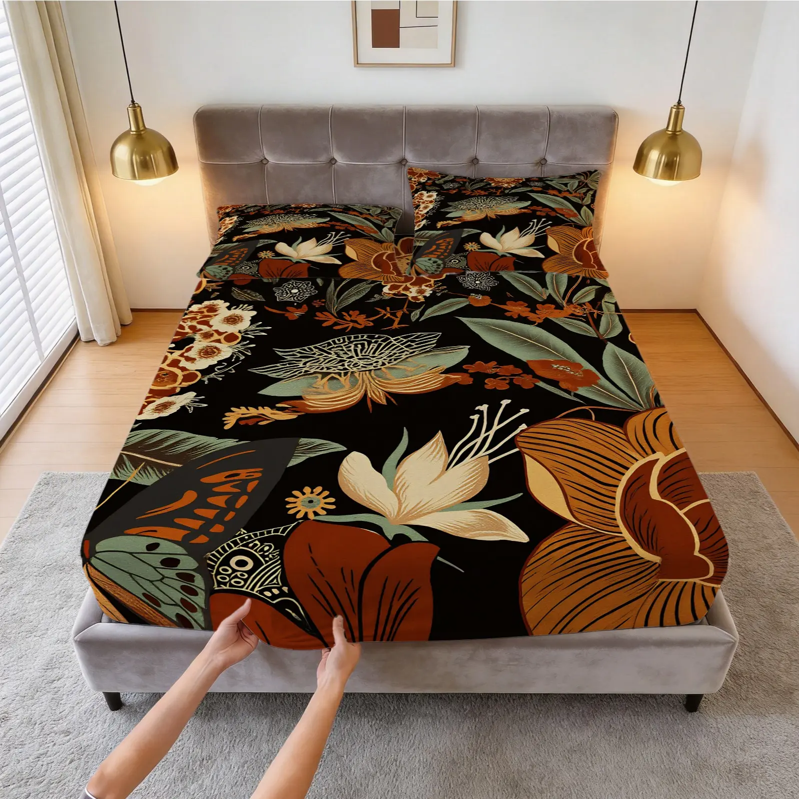 3-Piece Bohemian Floral Pattern Fitted Sheet Set, Soft And Comfortable Bedding Set, Including 1 Sheet And 2 Pillowcases (Pillow Inserts Not Included), Suitable For Teenagers And Adults, Bedroom, Apartment, Dormitory Scene