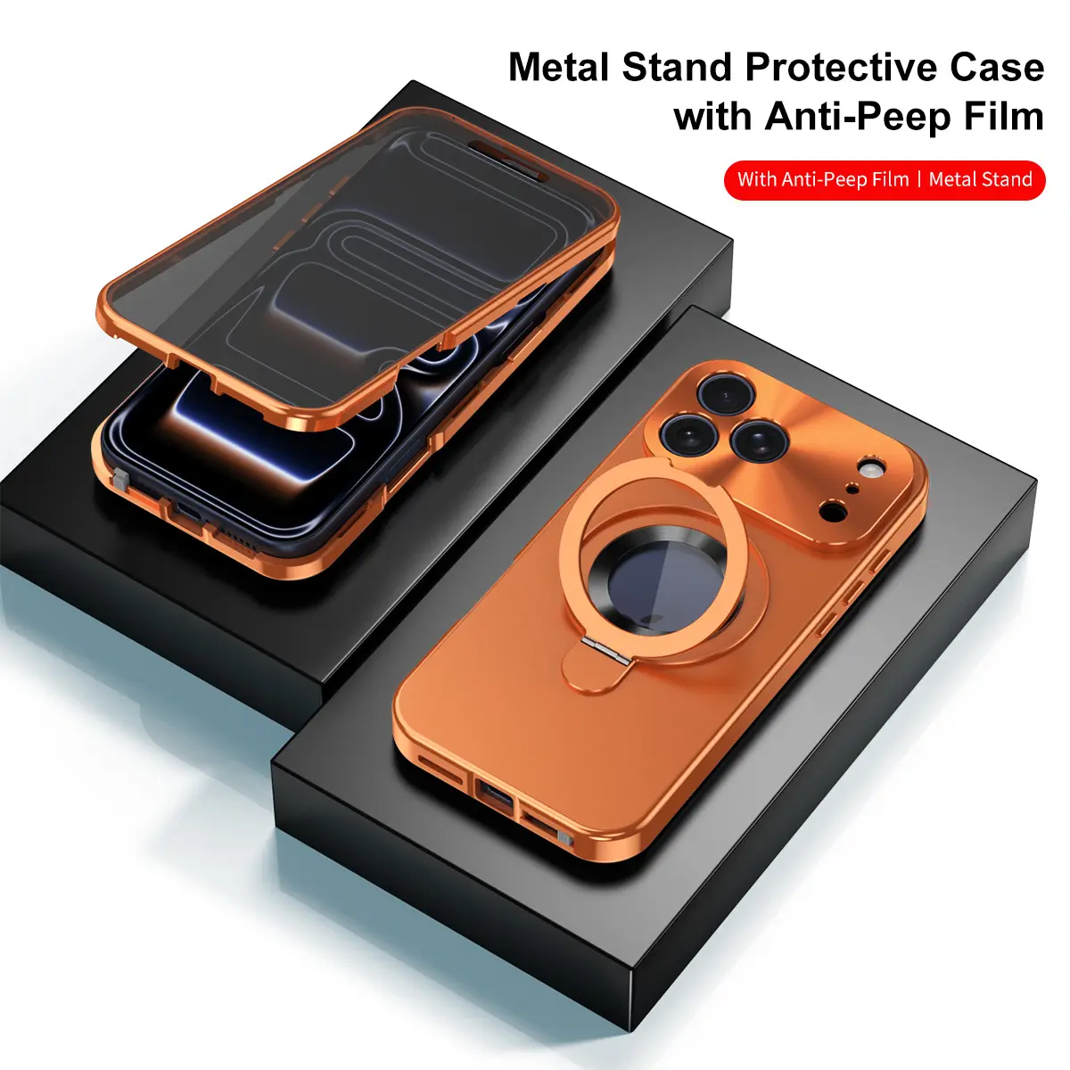 360 Full Body Privacy Magnetic Metal Phone Case with Built-in Ring Stand, Anti-Peep Glass, TPU Plastic, Safety Lock & Shockproof Armor for Customized iPhone Series 17,16,15,14 Pro Max Plus