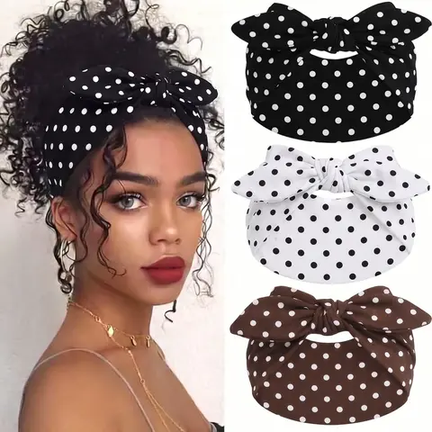 3-Piece Polka Dot Pattern Bow Hairbands for Women, Vintage Elastic No-Slip Sweat-Wicking Headbands, Ideal for Yoga & Beach, All-Season Accessory, Headband Set