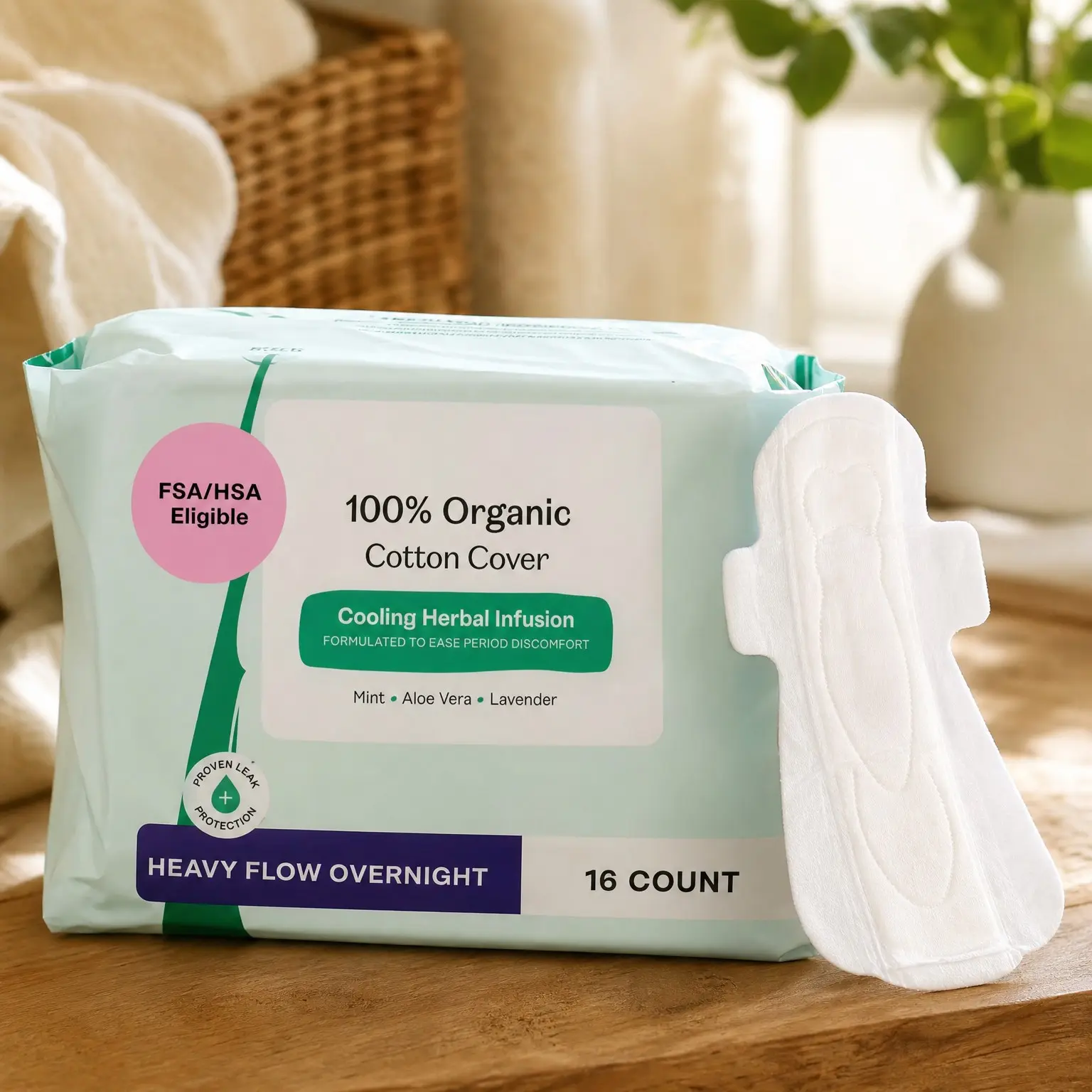 Cooling Herbal Overnight Pads with Wings for Heavy Flow | Infused with Mint, Aloe & Lavender | Organic Cotton Cover | Menstrual Pads for Women | Feminine Care | 16ct
