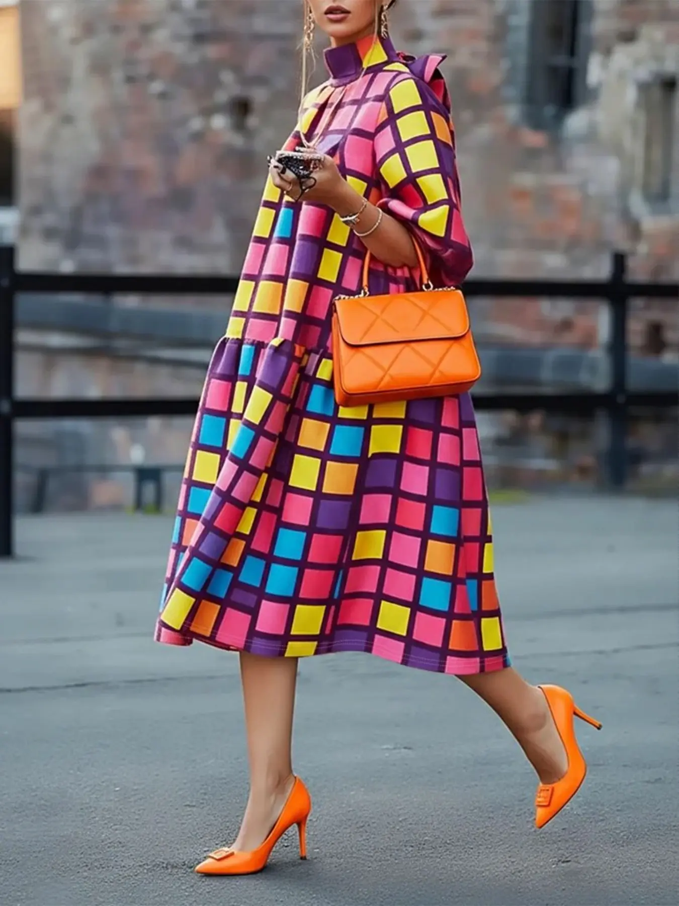 Women's Rainbow Plaid Print Midi Dress, High Neck 3/4 Puff Sleeve, Back Tie Bow, Loose Layered Skirt, A-Line Chic Casual Fashion Style, Casual Boho Chic