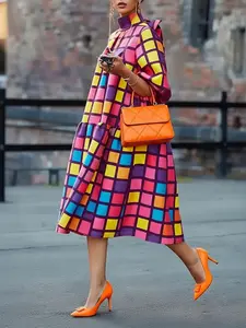 Women's Rainbow Plaid Print Midi Dress, High Neck 3/4 Puff Sleeve, Back Tie Bow, Loose Layered Skirt, A-Line Casual Fashion Style