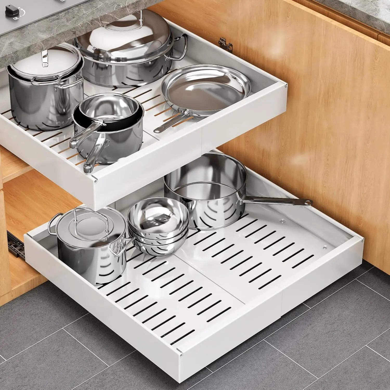 Pull out Cabinet Organizer, 1 pack, 16.5" Deep Heavy Slide out Drawers, Upgrade Three Triple-Slide Rail Systems, Expandable 12.8"-20.8" Roll out Shelf Storage for Kitchen Base Cabinet Organization
