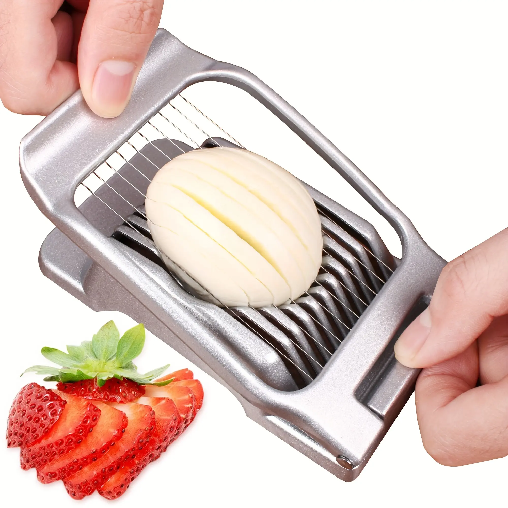 Stainless Steel Egg Slicer Egg and Fruit Cutter Heavy Duty Aluminum Body Dishwasher Safe Perfect for Boiled Eggs Strawberries and Soft Fruits Quick Easy Slice Kitchen Tool