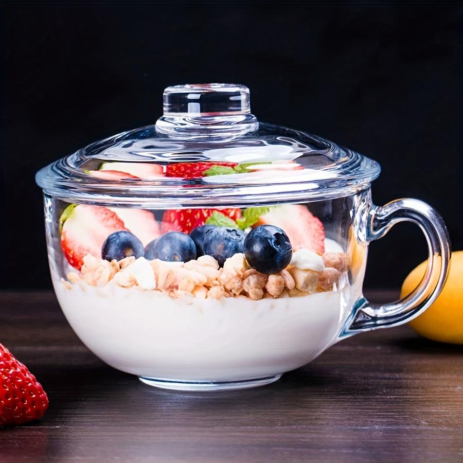 Clear Glass Breakfast Cup with Handle, Large Oatmeal Bowl, Yogurt Parfait Mug, Fruit Salad Bowl, Milk Tea Cup, Food-Safe Glassware for Home & Cafe, Lightweight & Durable