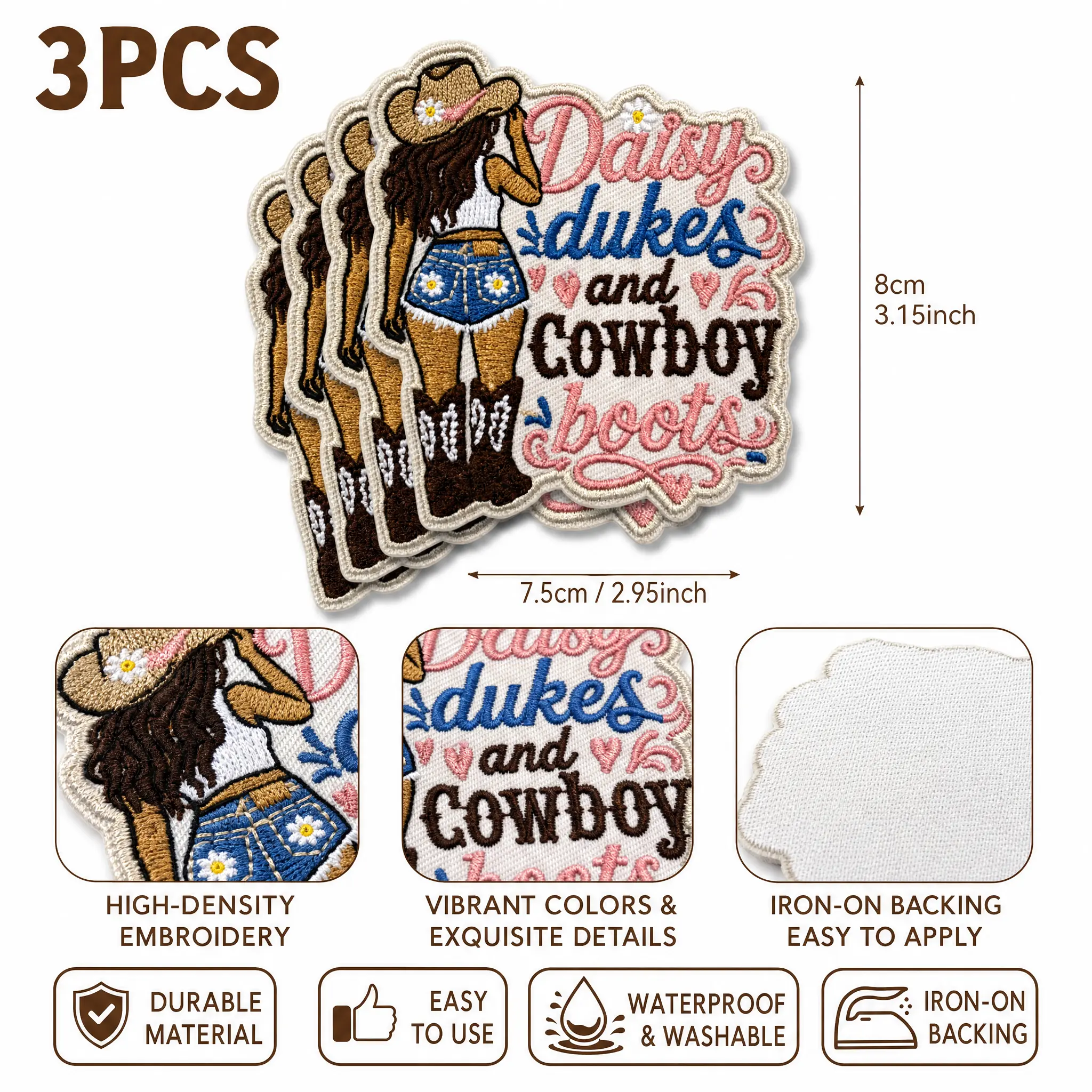3pcs-bag Daisy Dukes & Cowboy Boots Cowgirl Embroidered Patch for Jacket Backpack Hat Cute Western Style for Teens Women DIY Accessory Trendy Statement Piece Gift