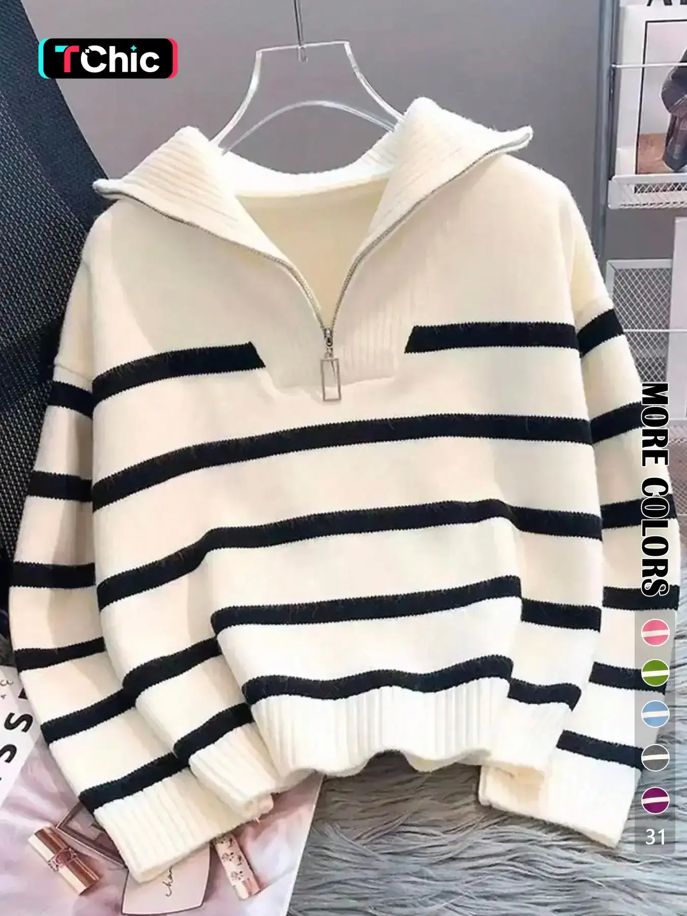 Women's Fashion Striped Print Zipper Drop Shoulder Sweater, Casual Long Sleeve Collared Jumper for Daily Outdoor Wear, Women Knitwear Top for Fall & Winter, National Day Clothing
