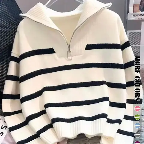 【Black Friday】Women's Striped Print Zipper Drop Shoulder Oversized Sweater, Casual Long Sleeve Collared Jumper for Daily Outdoor Wear, Women's Knitwear Top for Fall & Winter