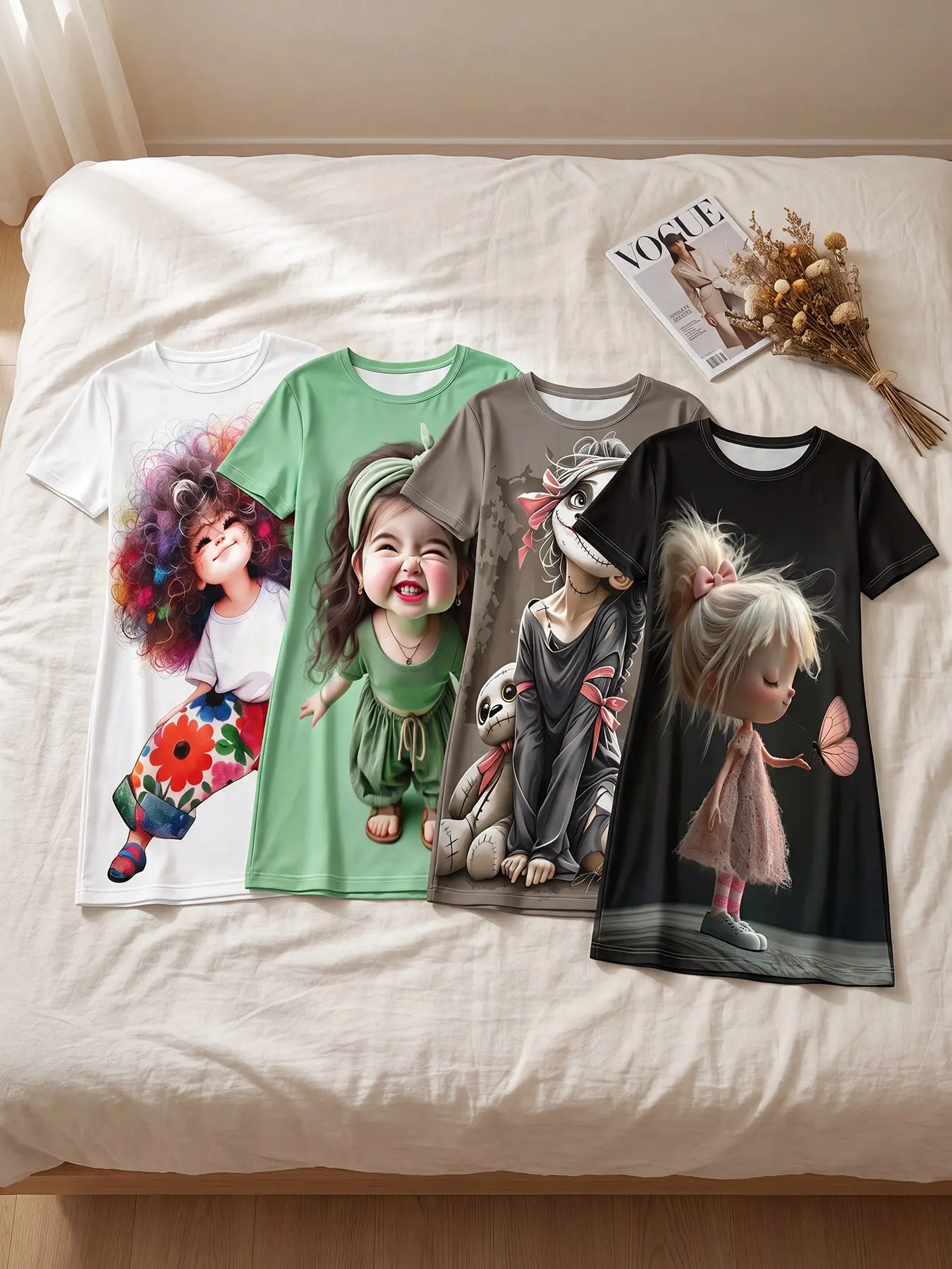 Women's 4 Pack Crew Neck Short Sleeve Sleep Dress, All Season Wear, Whimsical Four-theme Fairytale Print, Dreamy Quirky Style, Unique Home Sleep Dress