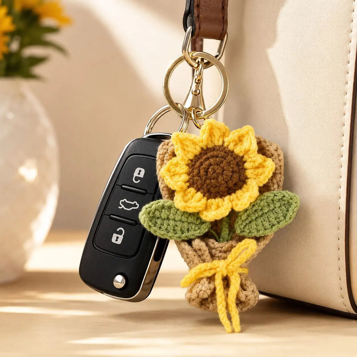 Handmade Crochet Sunflower Keychain for Dad, Cute Car Key Charm, Meaningful Thank You Gift, Positive & Strong Symbol, Father’s Day Birthday Gift