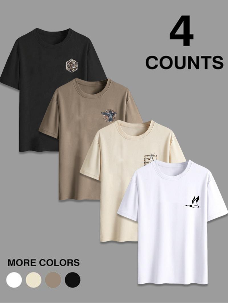 Men's Duck & Letter Print Round Neck Tee, Regular Fit Casual Short Sleeve T-shirt for Summer, Men's Top for Daily Wear, Casual Stylish Tee, Tropical