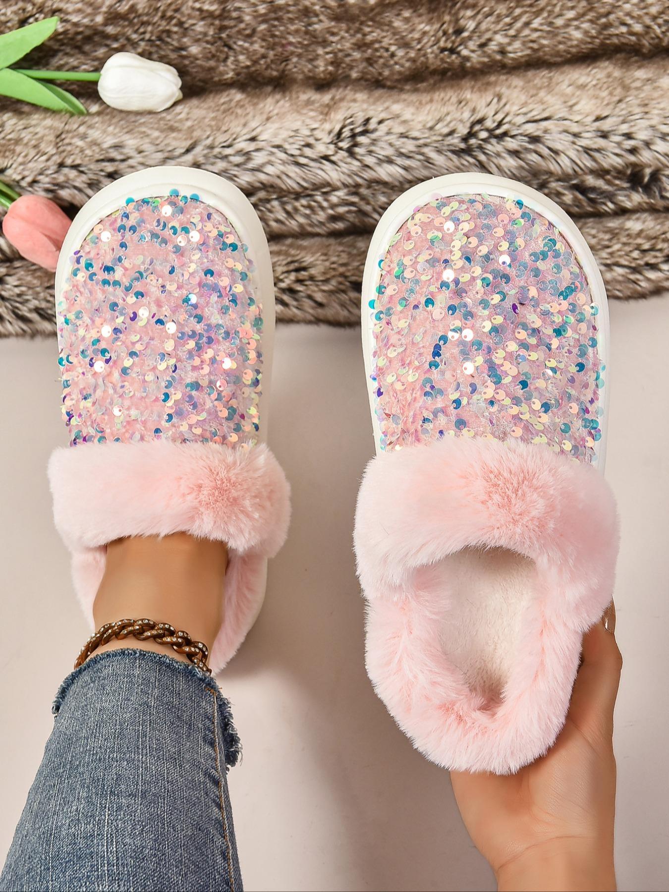 Women's Baroque Sequin Decor Plush Slippers, Casual Soft Comfortable Home Slippers, Warm Slippers for Indoor & Outdoor Use for Fall & Winter, Non Slip Slippers