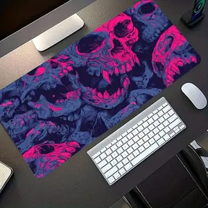 A Large Gaming Mouse Pad Featuring a Neon Skull Design with a Dark And Cool Aesthetic. It Has a Non-Slip, Washable Rubber Base And Is a Spacious Desk Mat Suitable for Office Use. This Mouse Pad Is Perfect for Computer Decoration, Resistant to Dirt