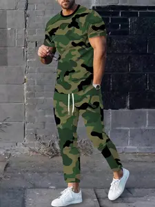Men's Camouflage Short Sleeve Long Pants Set, Summer Casual Sportswear, Quick-Dry Breathable Beach, Two-Piece Ensemble