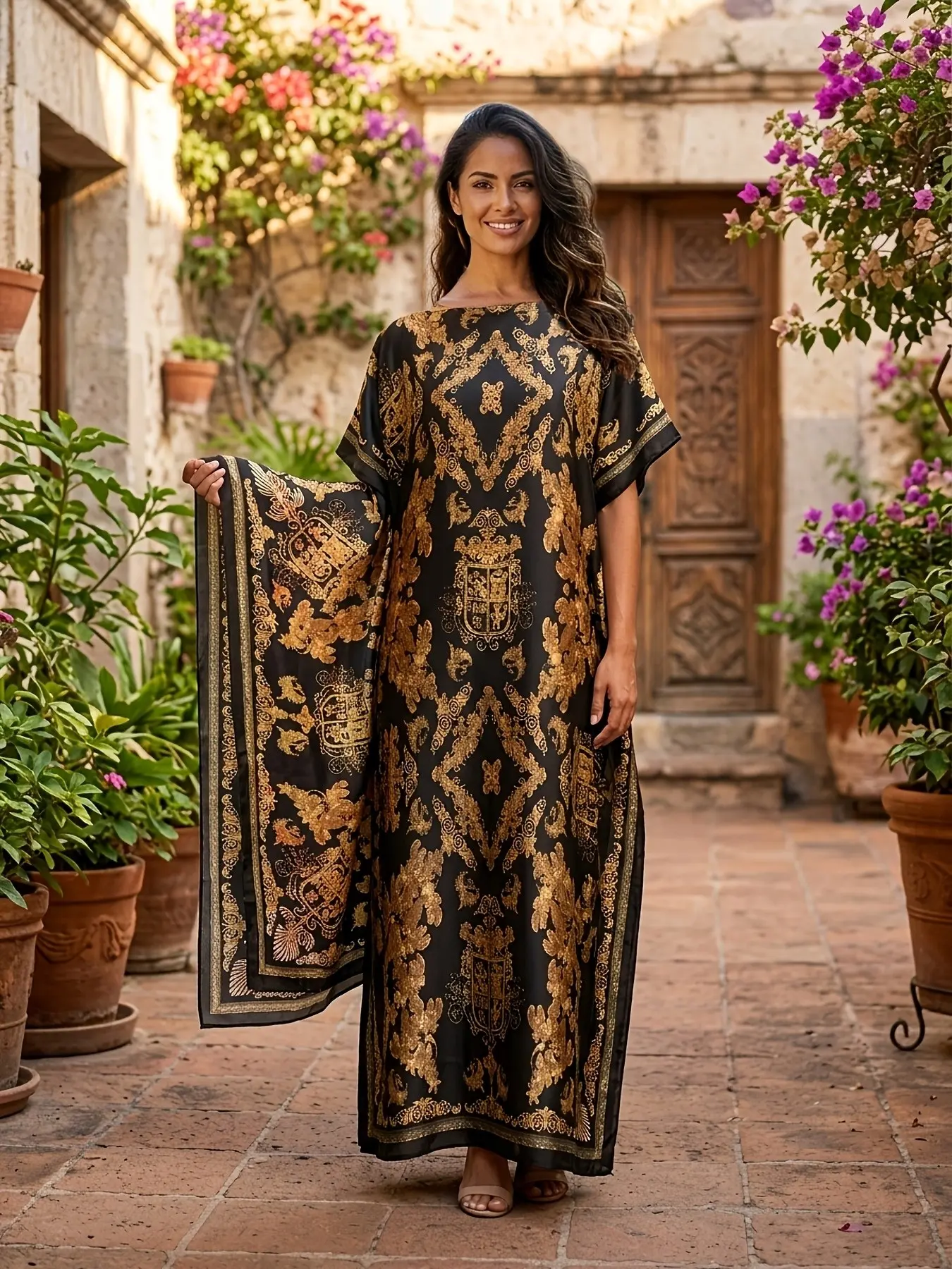Plus Size Women's Printed Silky Satin Caftan Maxi Dress & Scarf Set, Loose Fit Boat Neck Summer House Dress, Stylish Comfortable Loungewear, Boho Summer Outfit