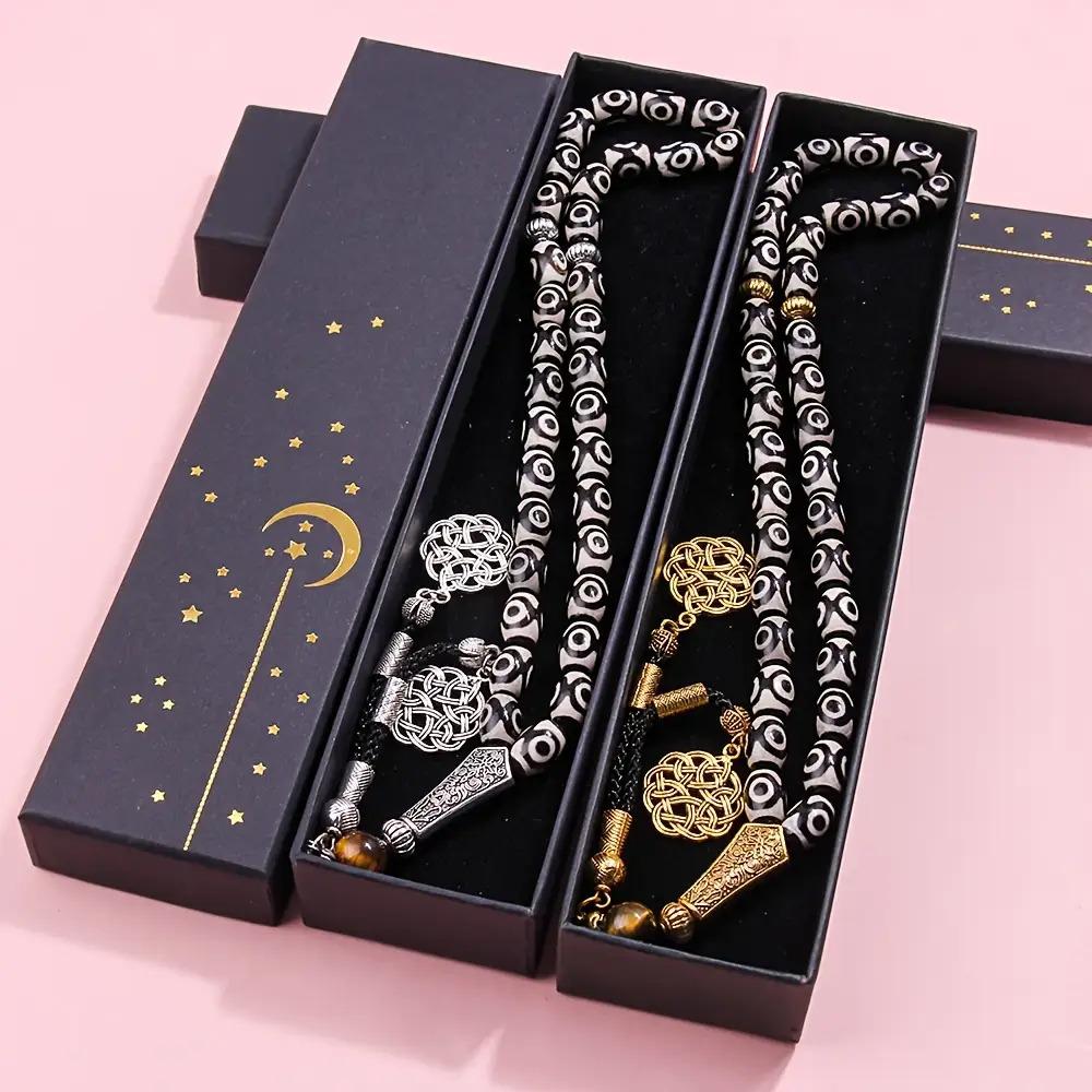 33pcs Agate Bead Bracelet Misbaha Tasbih - 8x12mm Handmade Prayer Rosary Necklace - Suitable for Worship Salah and Recitation Dhikr - Ideal Gift for Eid al-Fitr, Ramadan - Suitable for Daily Prayers - Comes with Premium Gift Box