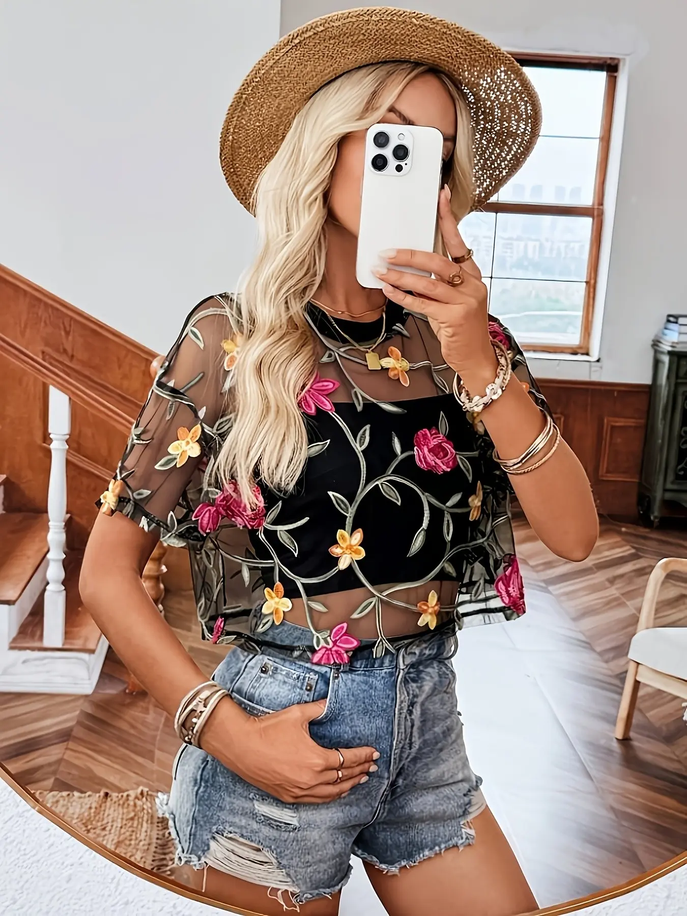 Women's Transparent Mesh Top with Floral Embroidery, Elegant Short Sleeve Waist-Cropped Shirt, Breathable Layering Piece