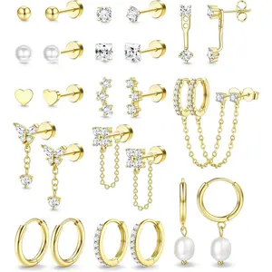 Trendy Hypoallergenic Flat Back Earrings Set for Women-Surgical Stainless Steel Earrings for Sensitive Ears-14K Gold Plated Chain Cartilage Earring Stacks Flatback Stud Hoop Earring Sets for Multiple Piercing Jewelry