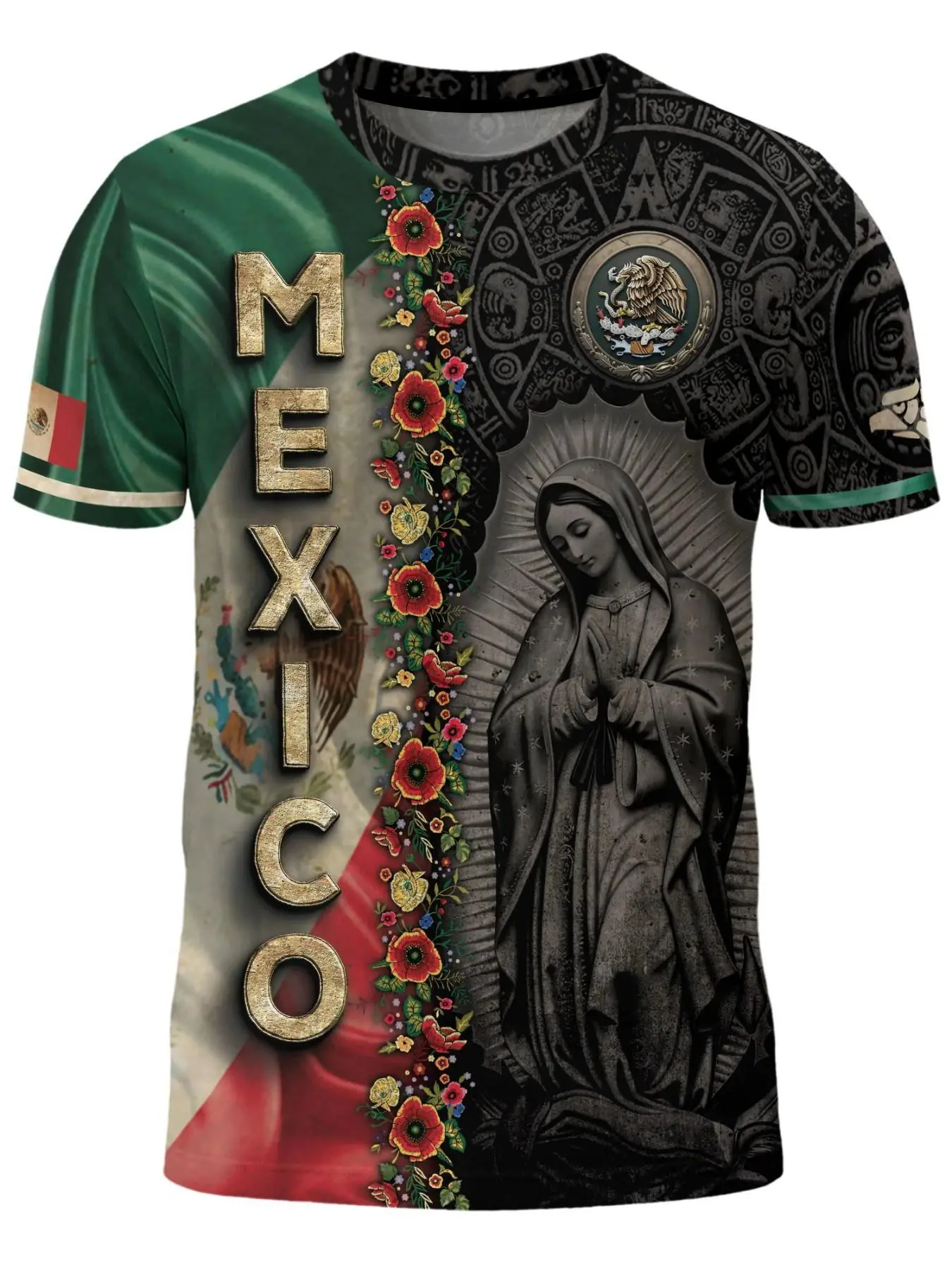 Mexico Flag Eagle and Serpent Aztec Heritage Statement Shirt, Guadalupe Fitted Long-Sleeve All-Over Print National Pride Apparel